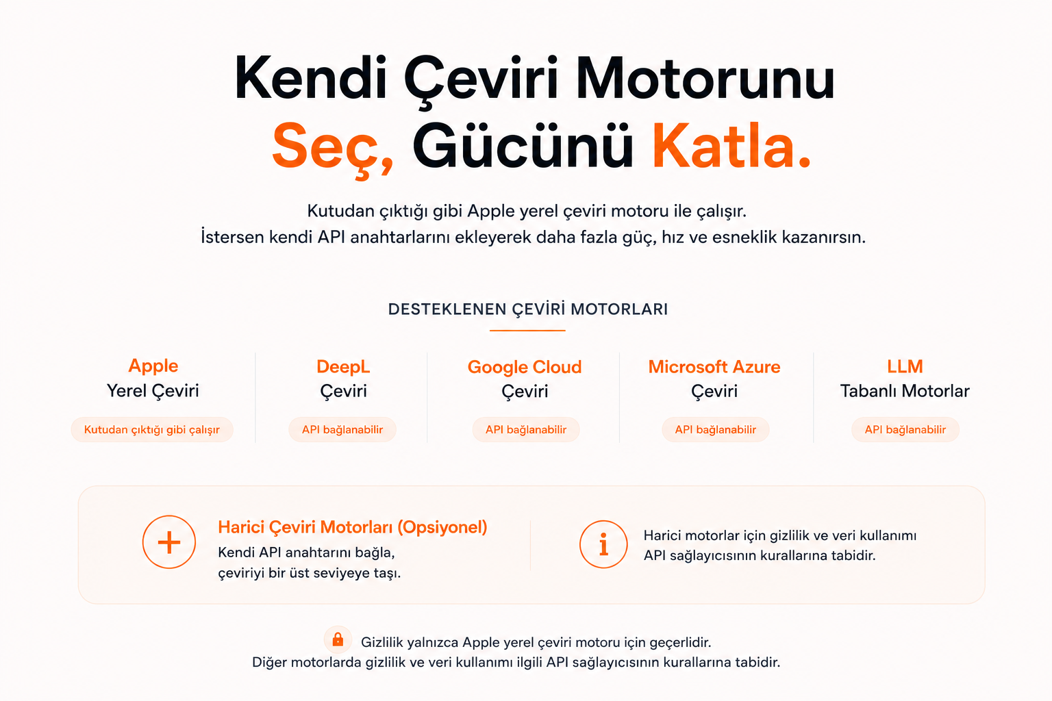 Lensor çeviri motorları: Apple yerel çeviri (ücretsiz, kutudan çıktığı gibi) ve kendi API anahtarınla DeepL, Google Cloud, Microsoft Azure, LLM