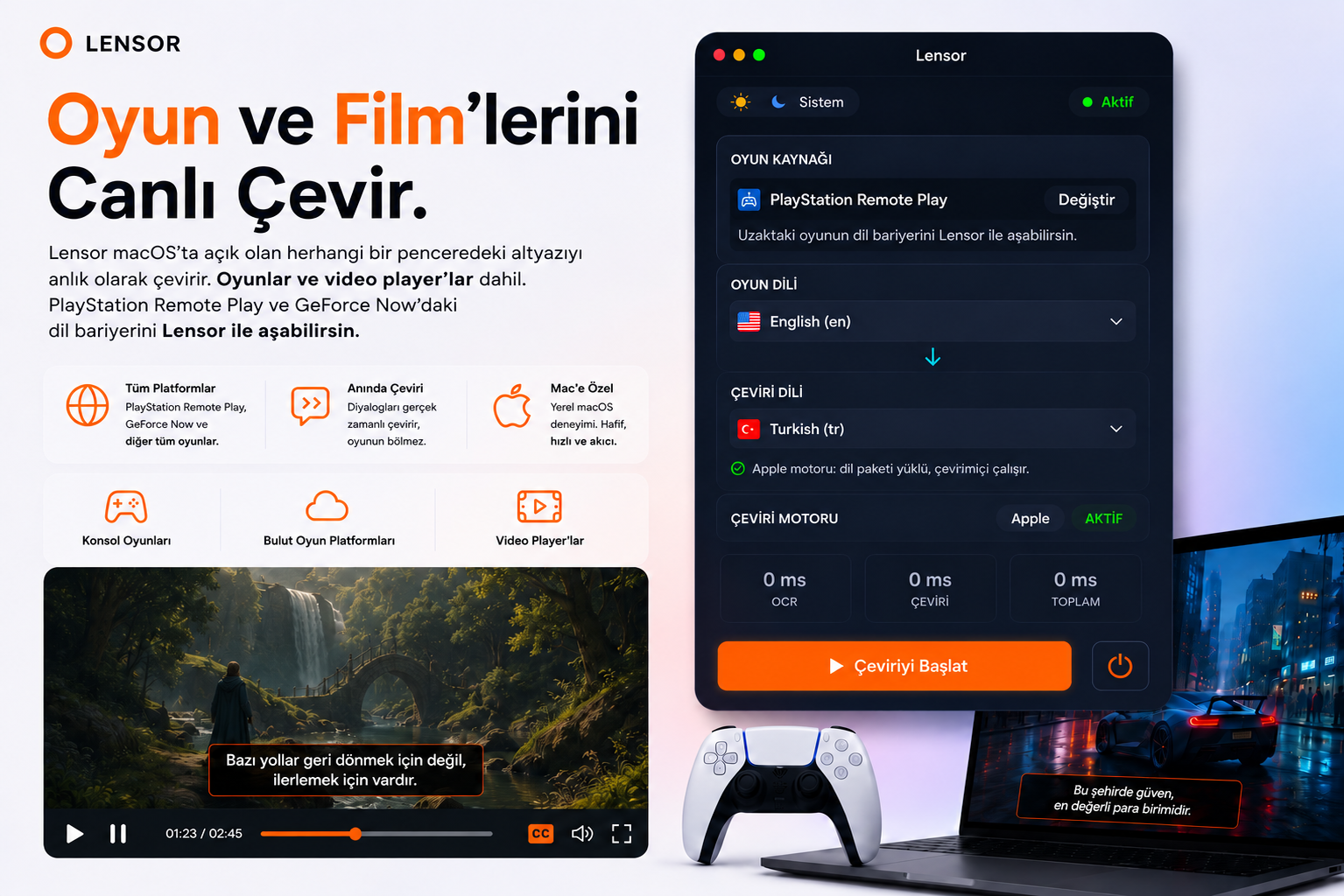 Lensor macOS uygulaması: oyun ve film altyazılarını canlı Türkçeye çevirir, PlayStation Remote Play ve GeForce Now destekli