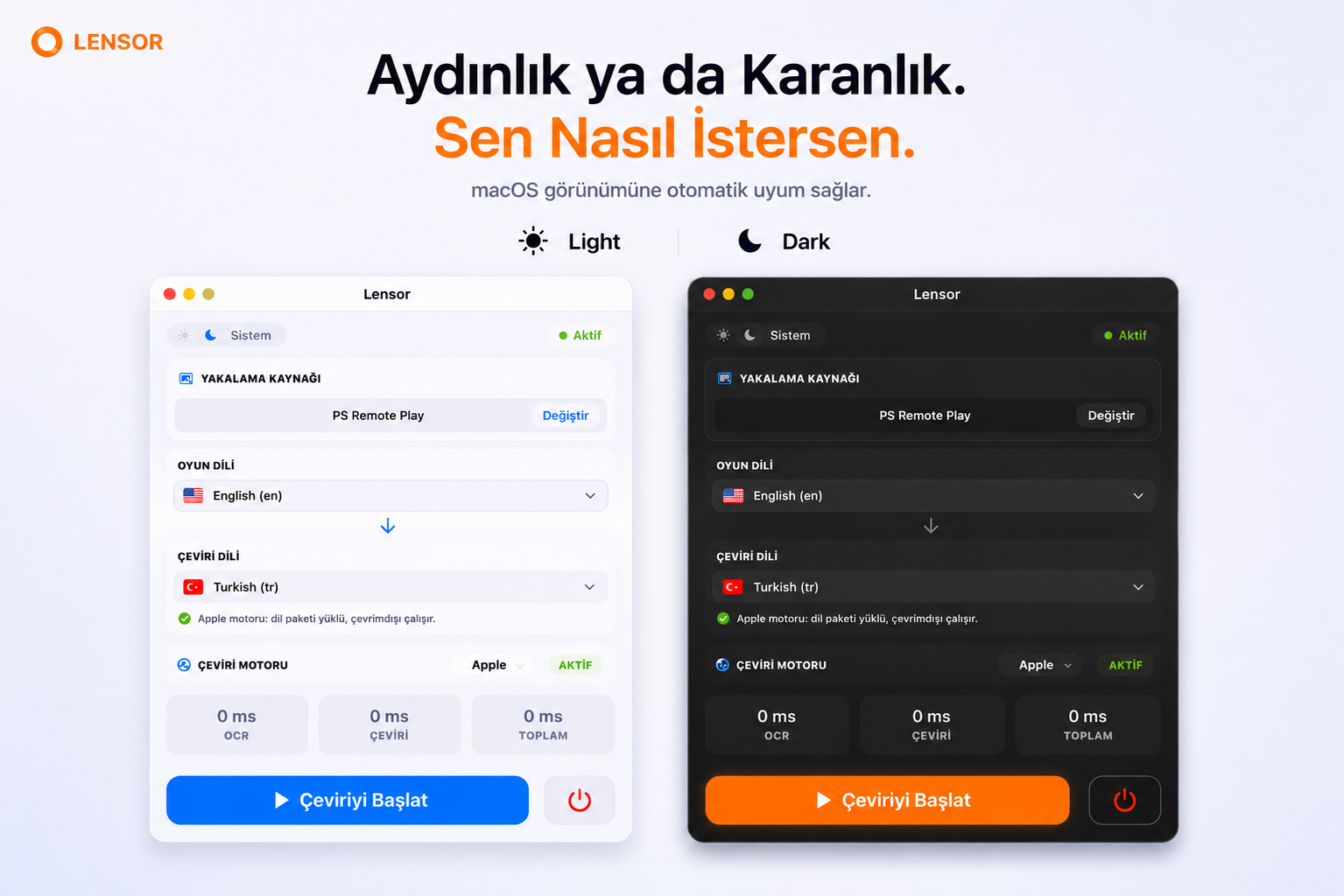 Lensor açık ve koyu tema — macOS görünümüne otomatik uyum sağlar